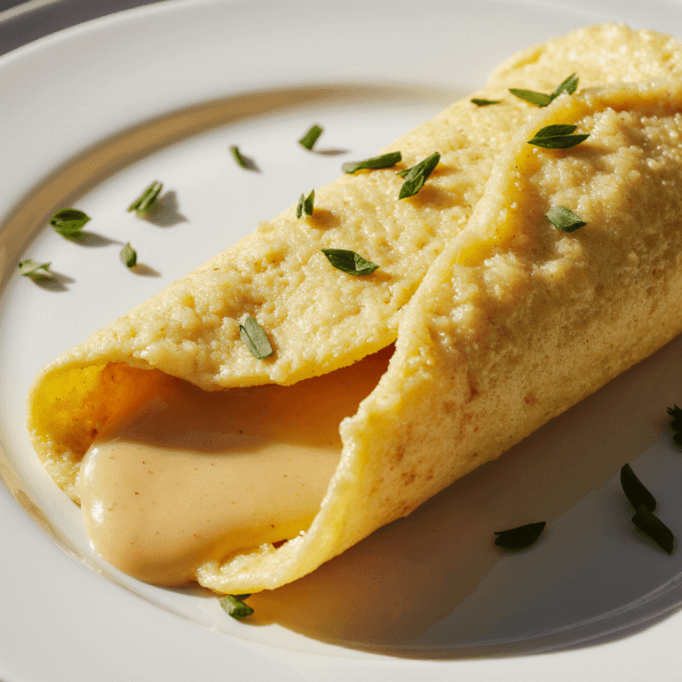 Close-up of a golden cheesy omelette with melted cheese and herbs on a modern white plate