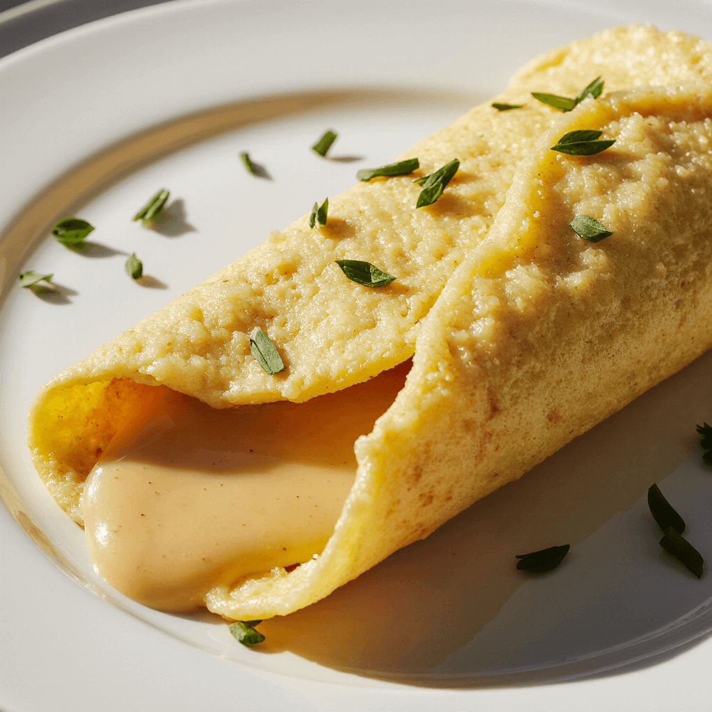 Close-up of a golden cheesy omelette with melted cheese and herbs on a modern white plate