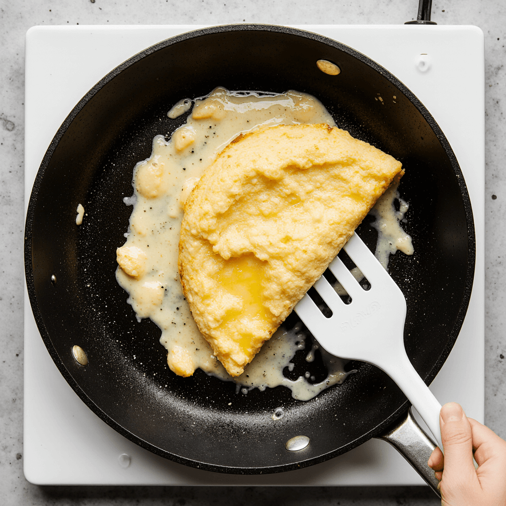 Pan view of a soft cheesy omelette with cheese melting inside during cooking
