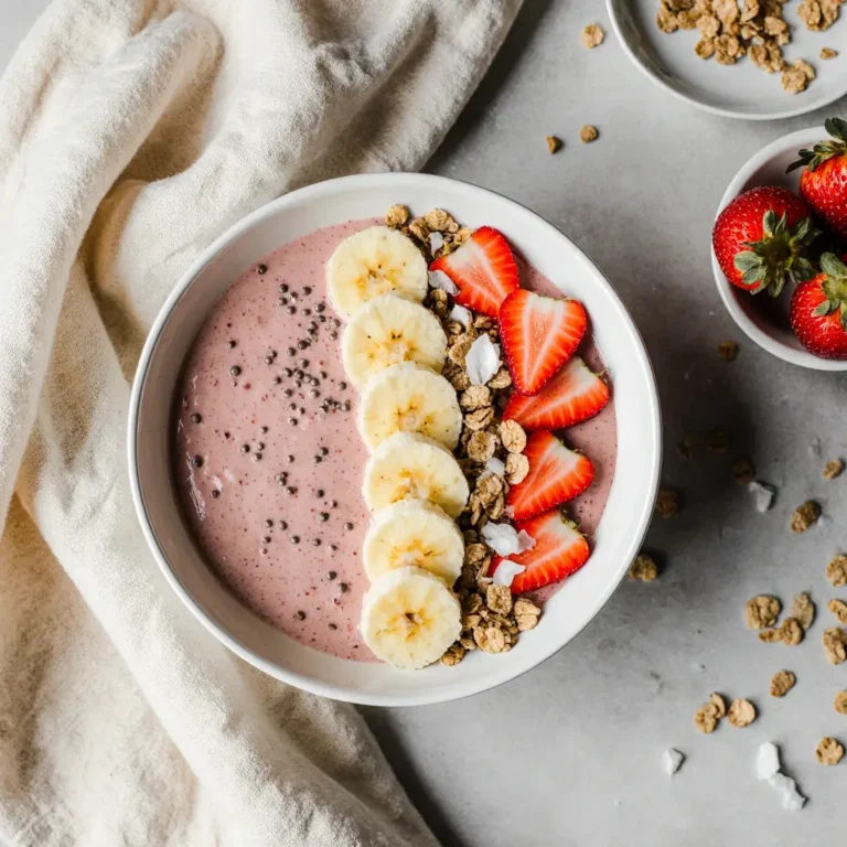 Overhead view of a thick strawberry banana smoothie bowl topped with sliced fruit, granola, and chia seeds, served in a white bowl on a marble surface